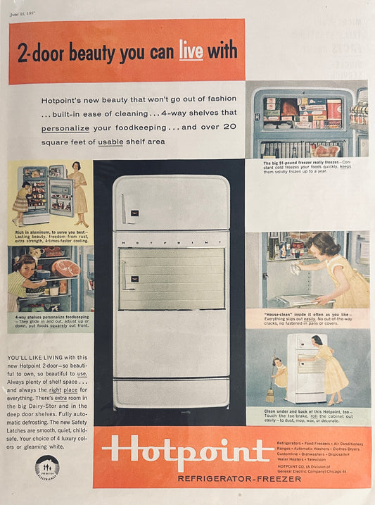 1957 Hotpoint 2-Door Refrigerator Whie with Mother & Daughter Magazine Ad