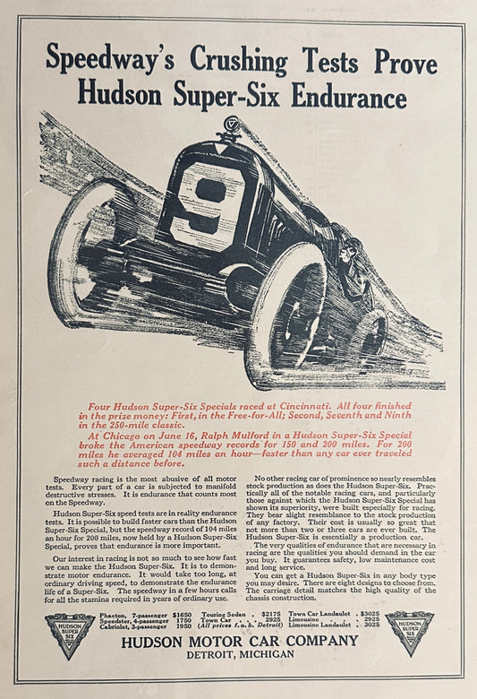 1917 Hudson Super Six Endurance - Race Car #9 - Print Ad #512