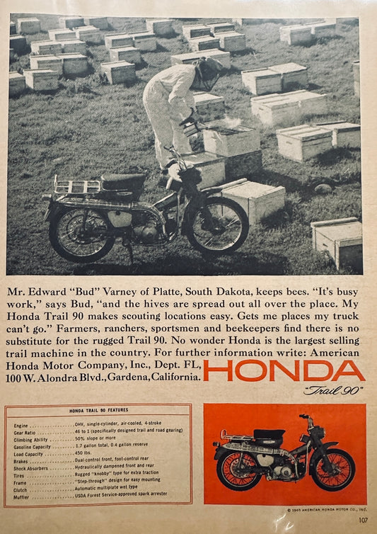 1965 Honda Trail 90 Motorbike - Beekeeper - Magazine Ad