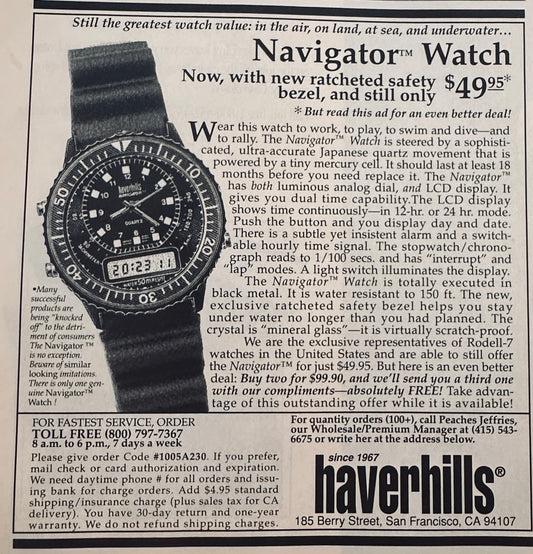 1994 Haverhills Navigator Wristwatch with Ratcheted Safety Bezel Magazine Ad