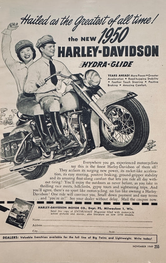 1949 Harley Davidson Hydra Glide Motorcycle Ad