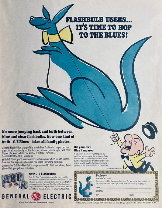 1965 General Electric Flash Flashcubes - Blue Kangaroo - Mr. MaGoo Magazine Ad