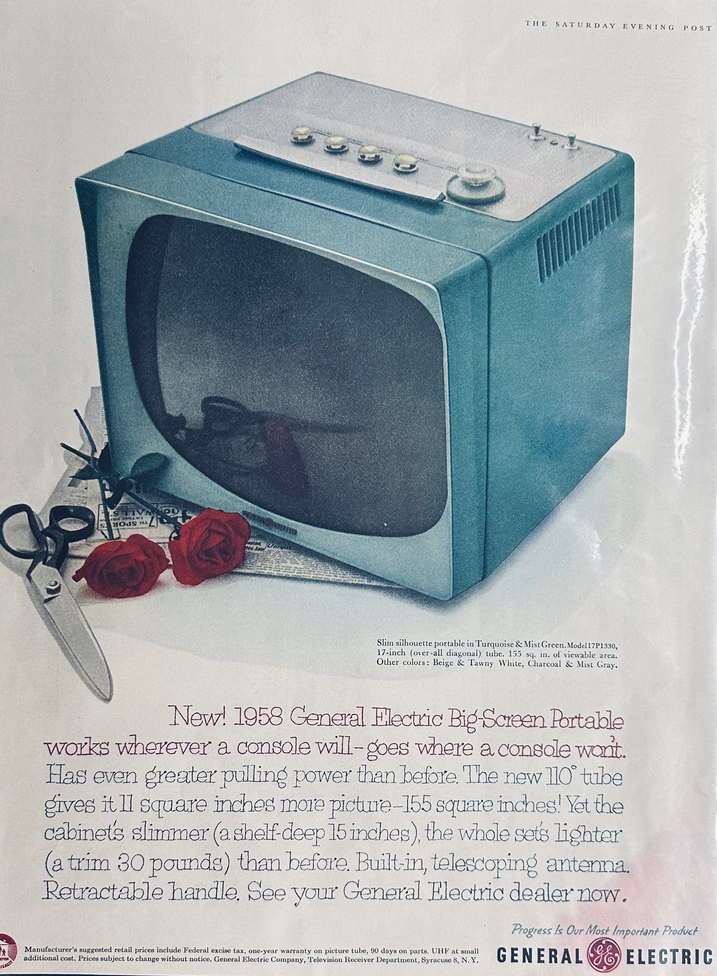 1957 General Electric Big Screen Portable TV & Cadillac Coupe Magazine Ads