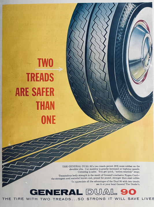 1957 General Tire - General Dual 90 2 Treads Are Safer Magazine Ad