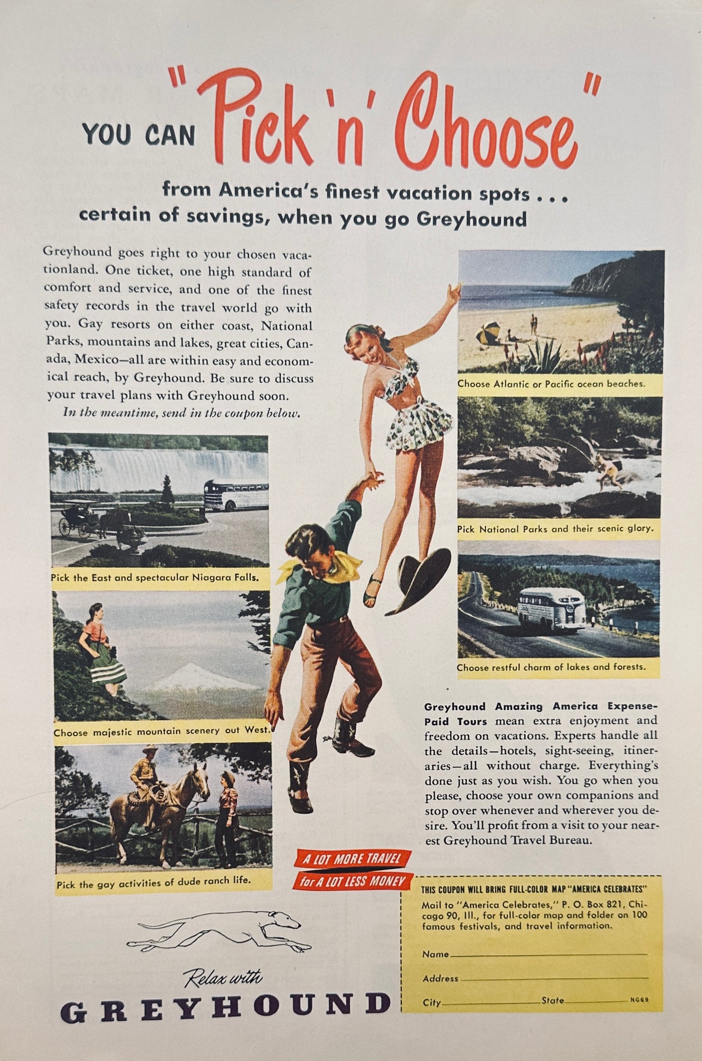 1949 Greyhound Bus Line Pick 'N' Choose Magazine Ad