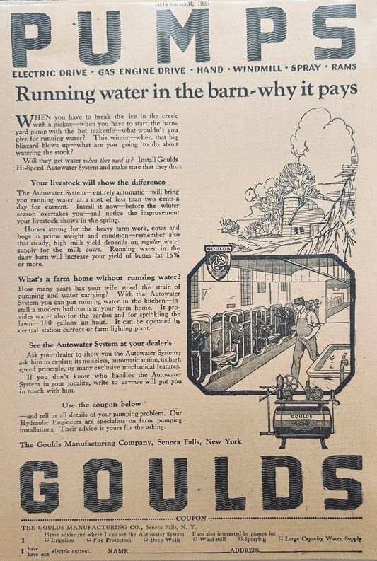 1920 Goulds Pumps Running Water In The Barn Magazine Ad N409