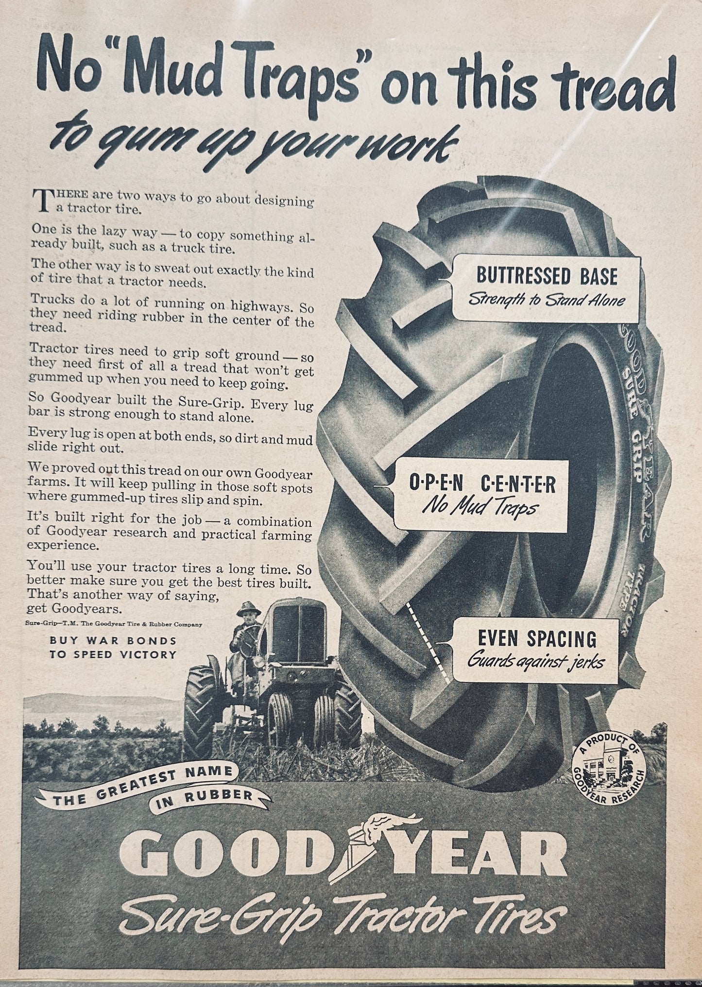 1944 Goodyear Sure-Grip No Mud traps Tractor Tires Magazine Ad