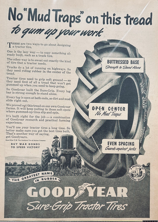 1944 Goodyear Sure-Grip No Mud traps Tractor Tires Magazine Ad