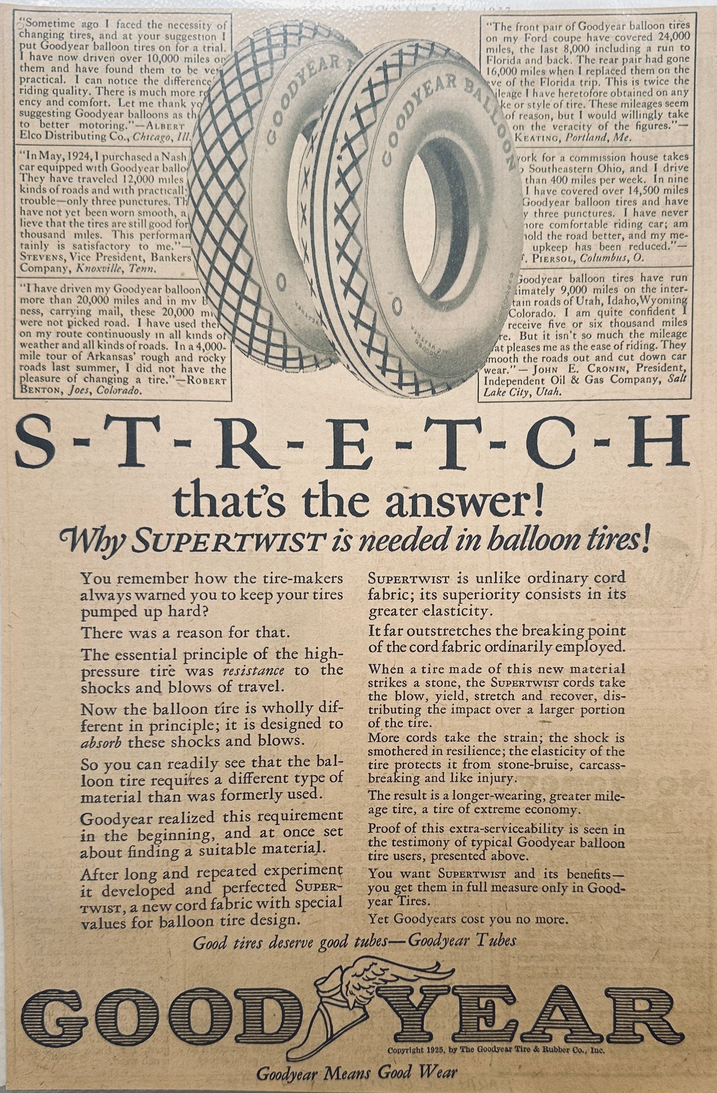 1925 Goodyear Tires Supertwist Balloon Tires STRETCH Magazine Ad