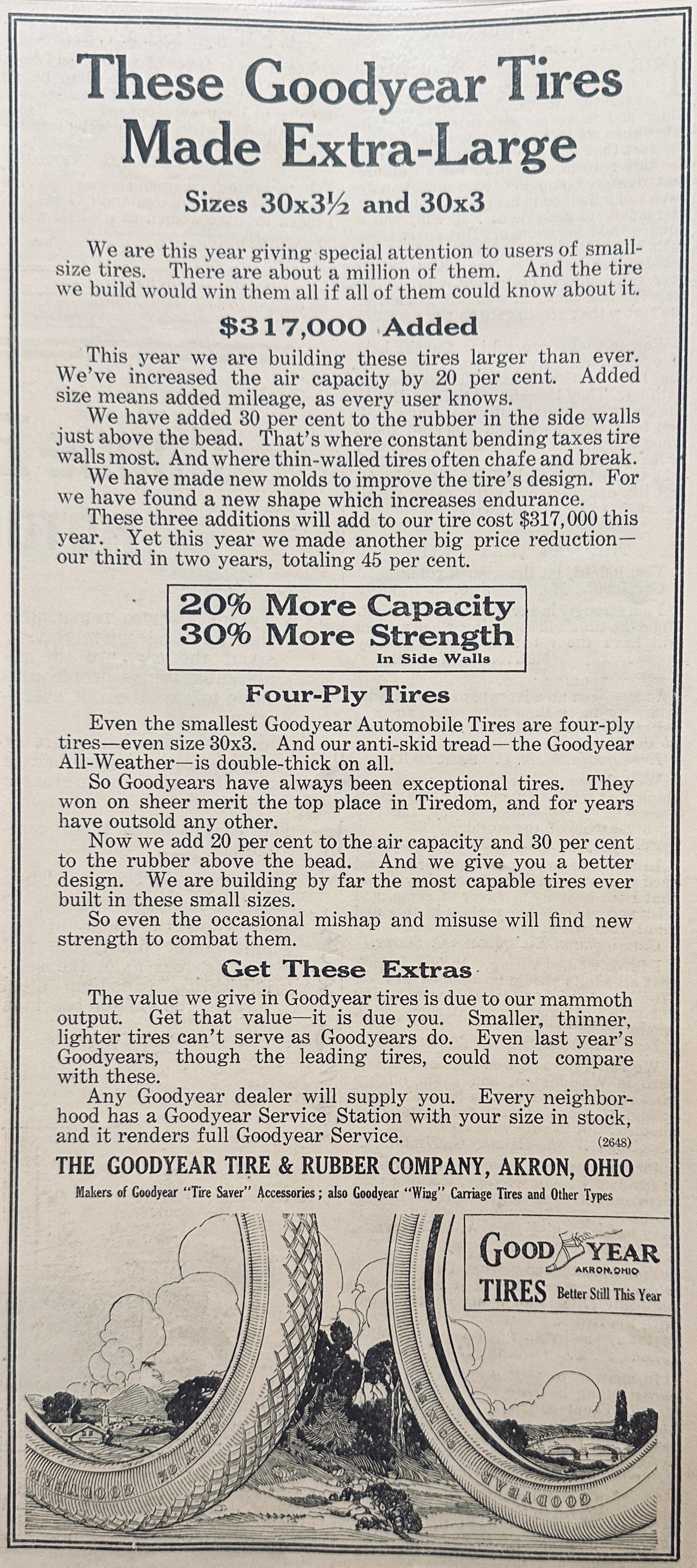 1915 Goodyear 4-Ply Automotive Tires Made Extra Large Magazine Ad