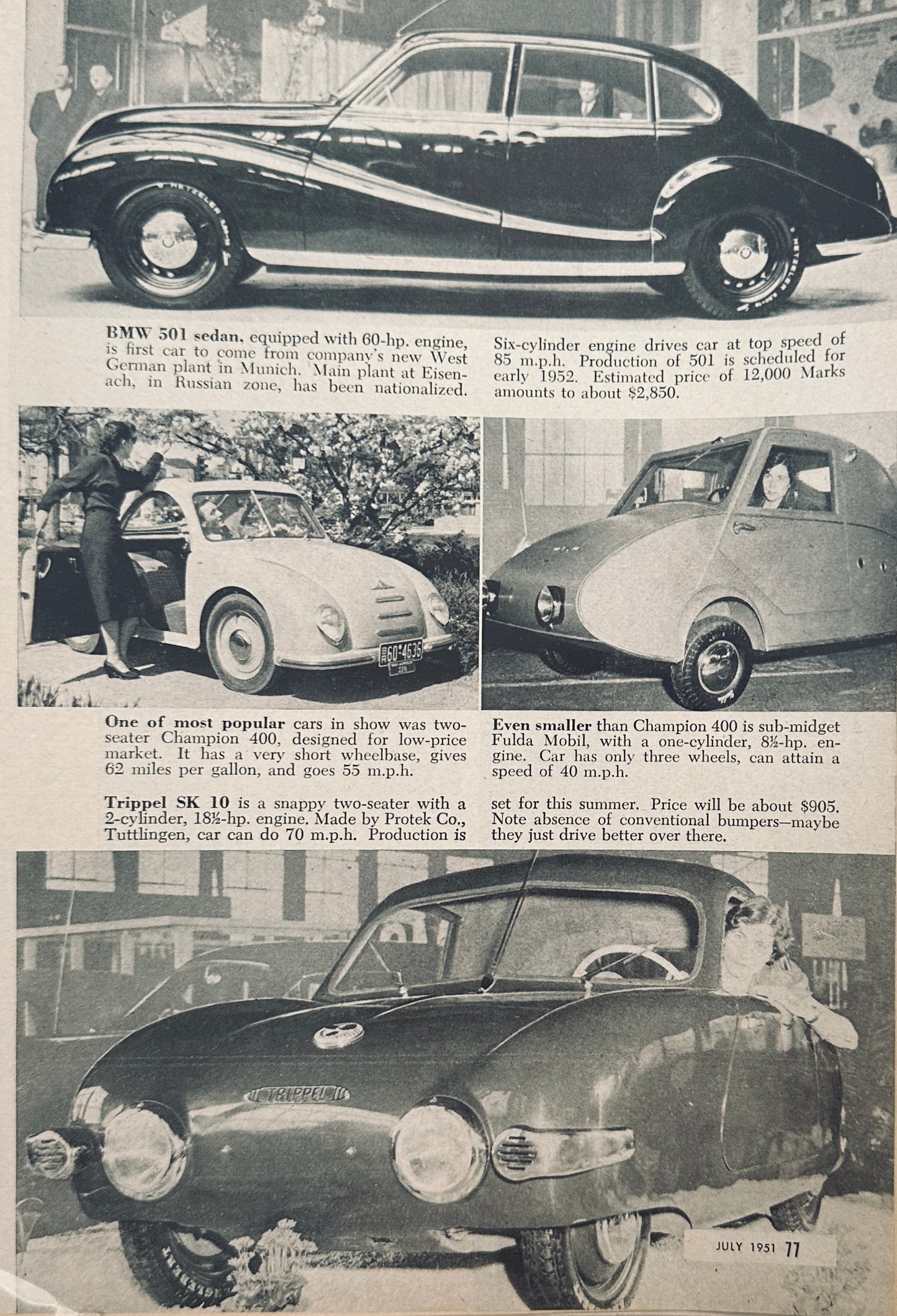 1951 2-Page Magazine Article on Post-War German Cars