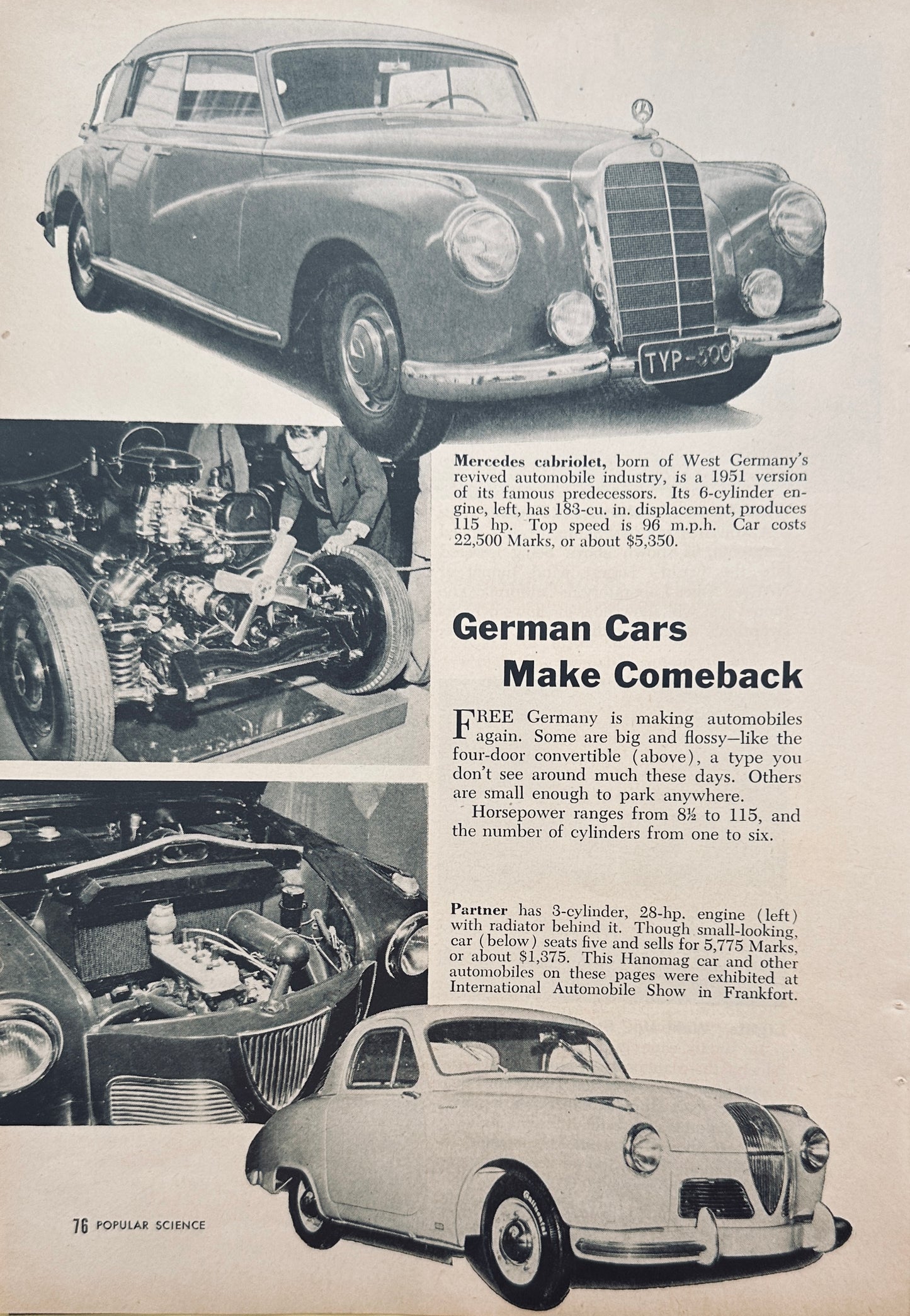 1951 2-Page Magazine Article on Post-War German Cars