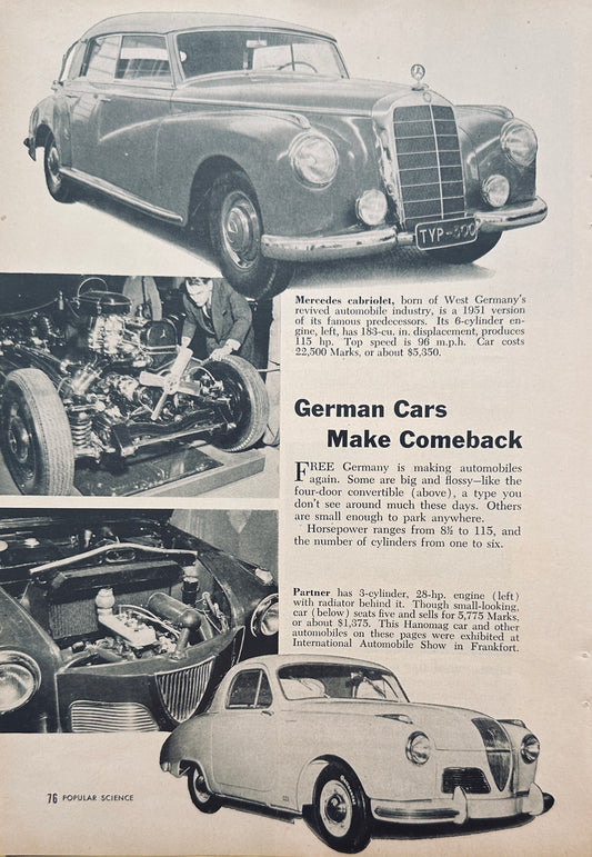 1951 2-Page Magazine Article on Post-War German Cars