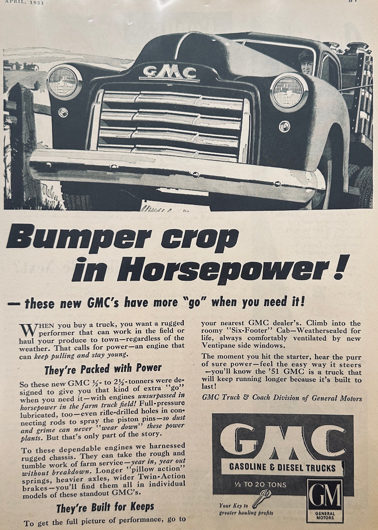 1951 GMC General Motors Truck Bumper Crop in Horsepower! Magazine Ad