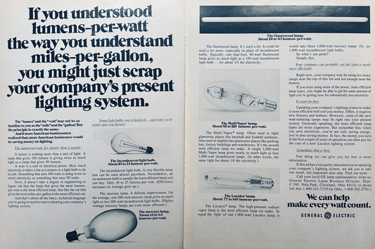 1976 2-page General Electric Lighting Lumens-per-Watt Magazine Ad