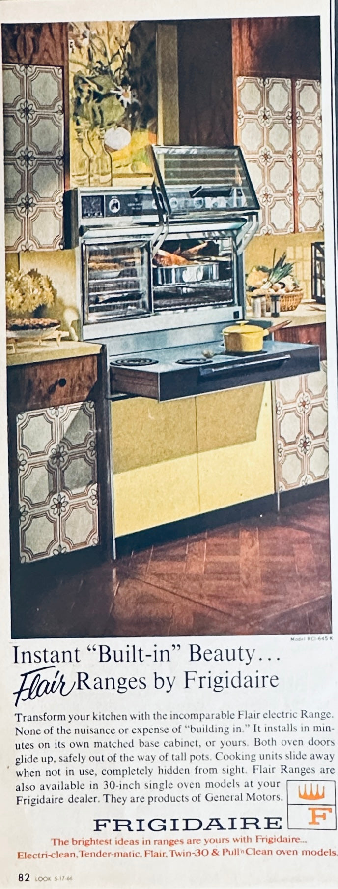 1966 Frigidaire Flair Electric Range with Oven on Top of Cooktop Magazine Ad