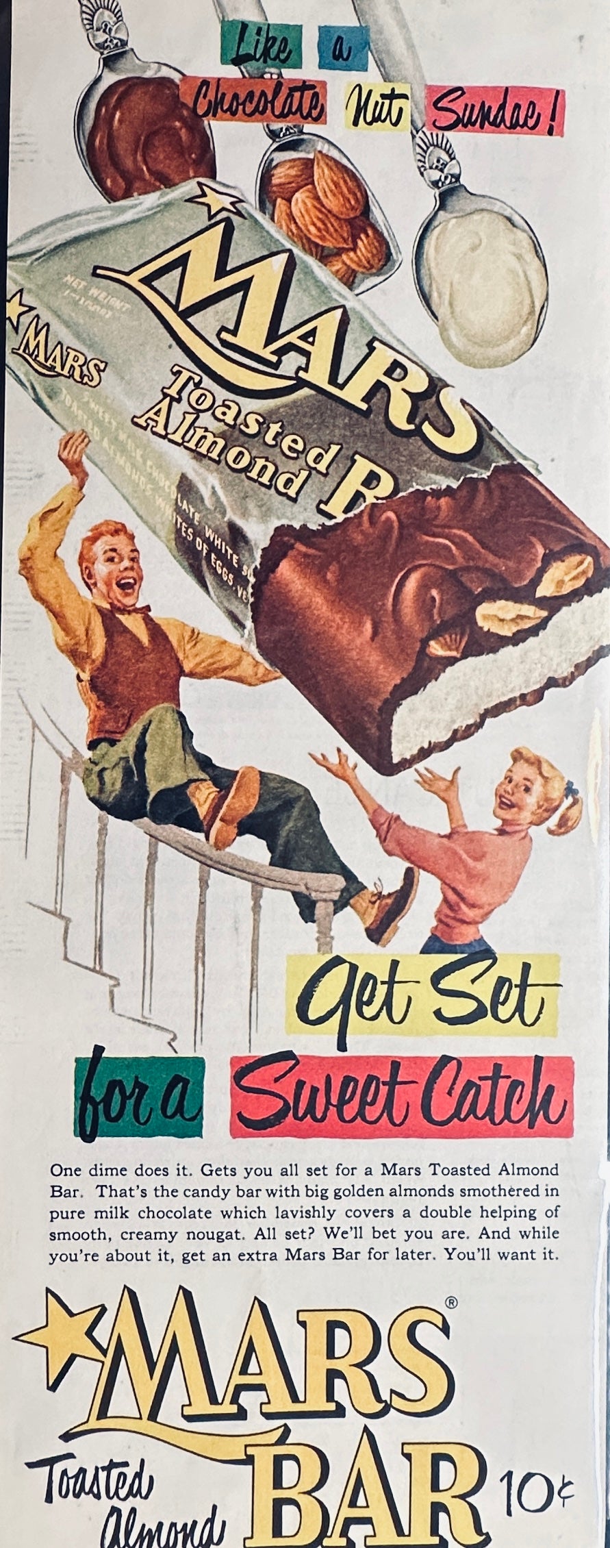 1953 Mars Toasted Almond Candy Bar Fun Colorful Magazine Ad