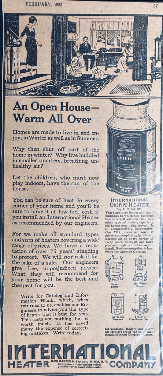 1922 International Onepipe Heater Promotional Magazine Ad #1404