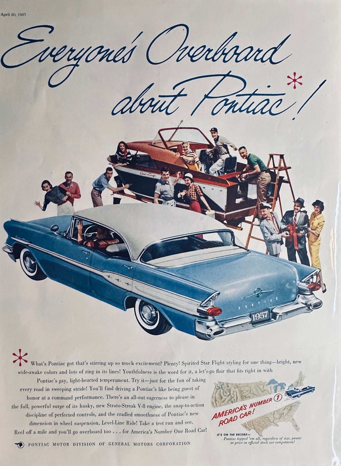 1957 Pontiac Strato-Streak V8 two-tone & Classic Chris Craft Boat Magazine Ad