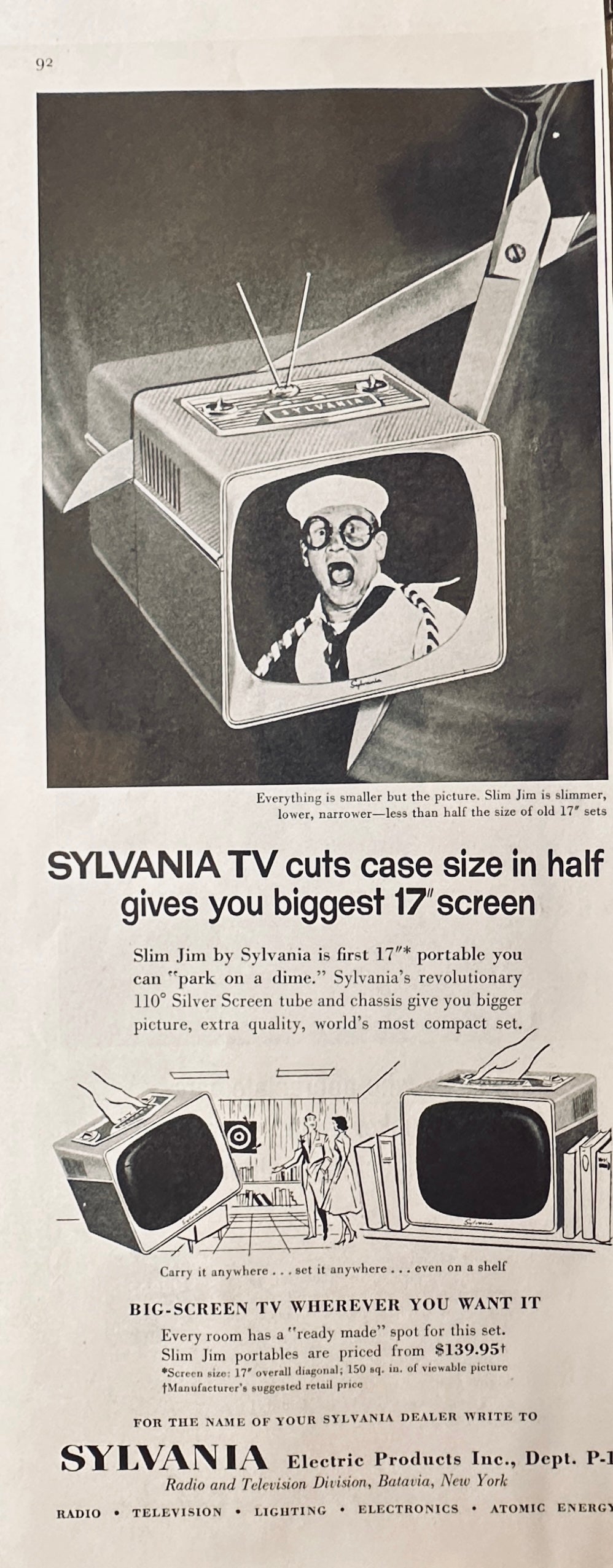 1957 Sylvania  "Big" Screen TV - 17" Portable Television - Too funny!