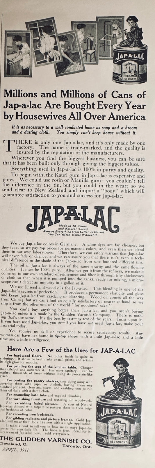 1911 Jap-A-Lac Glidden Colored Varnish - Magazine Ad