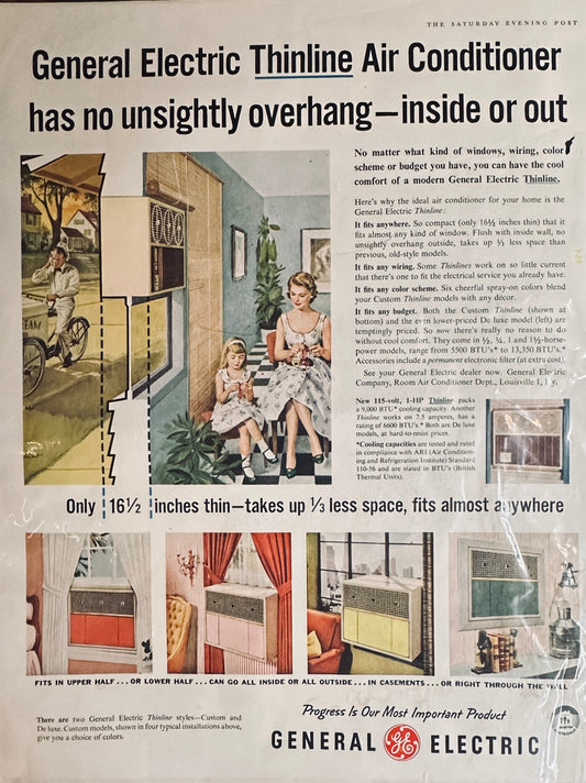 1957 General Electric Thinline Air Conditioner - No unsightly Overhang - Magazine Ad