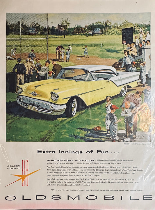 1957 Oldsmobile Golden Rocket 88 Holiday Sedan & Nygen Tire - Magazine Ad