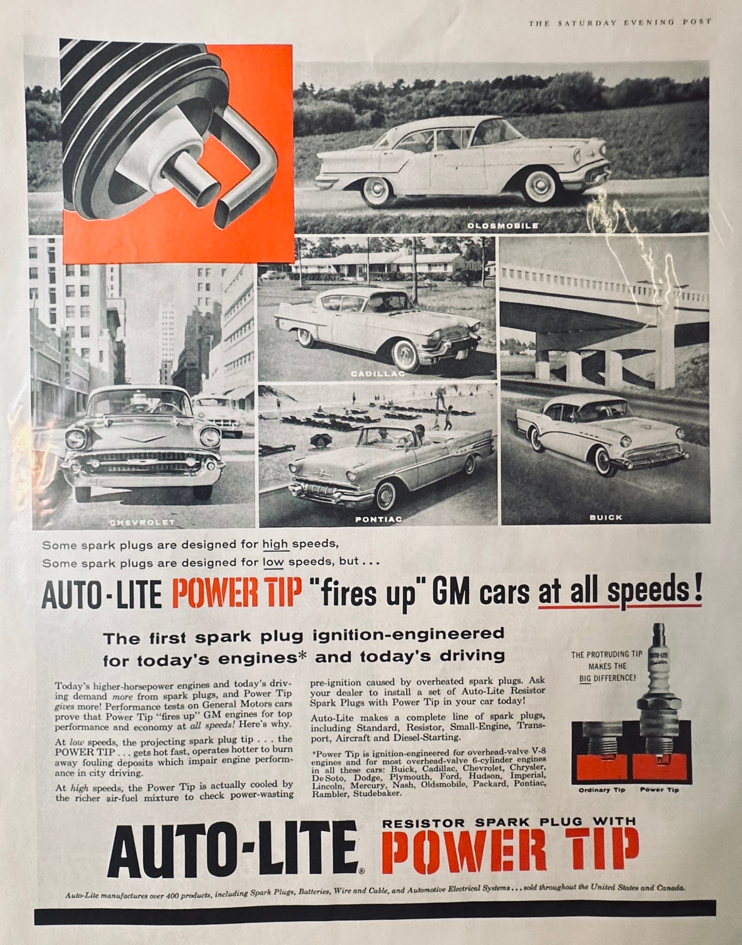 1957 Auto-Lite Power Tip Spark Plugs General Motors Vehicles Thumbnails - Magazine Ad