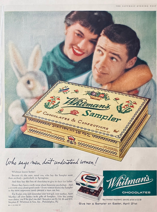 1960 -ish Whitman's Chocolate's Sampler - Iconic Yellow Gift Box Magazine Ad