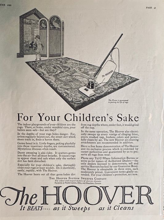 1922 Hoover Vacuum Cleaner - For Your Children's Sake Magazine Ad #450