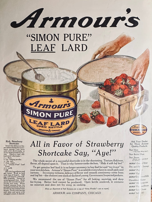 1922 Armour "Simon Pure" Leaf Lard & Crisco for Frying Magazine Ads