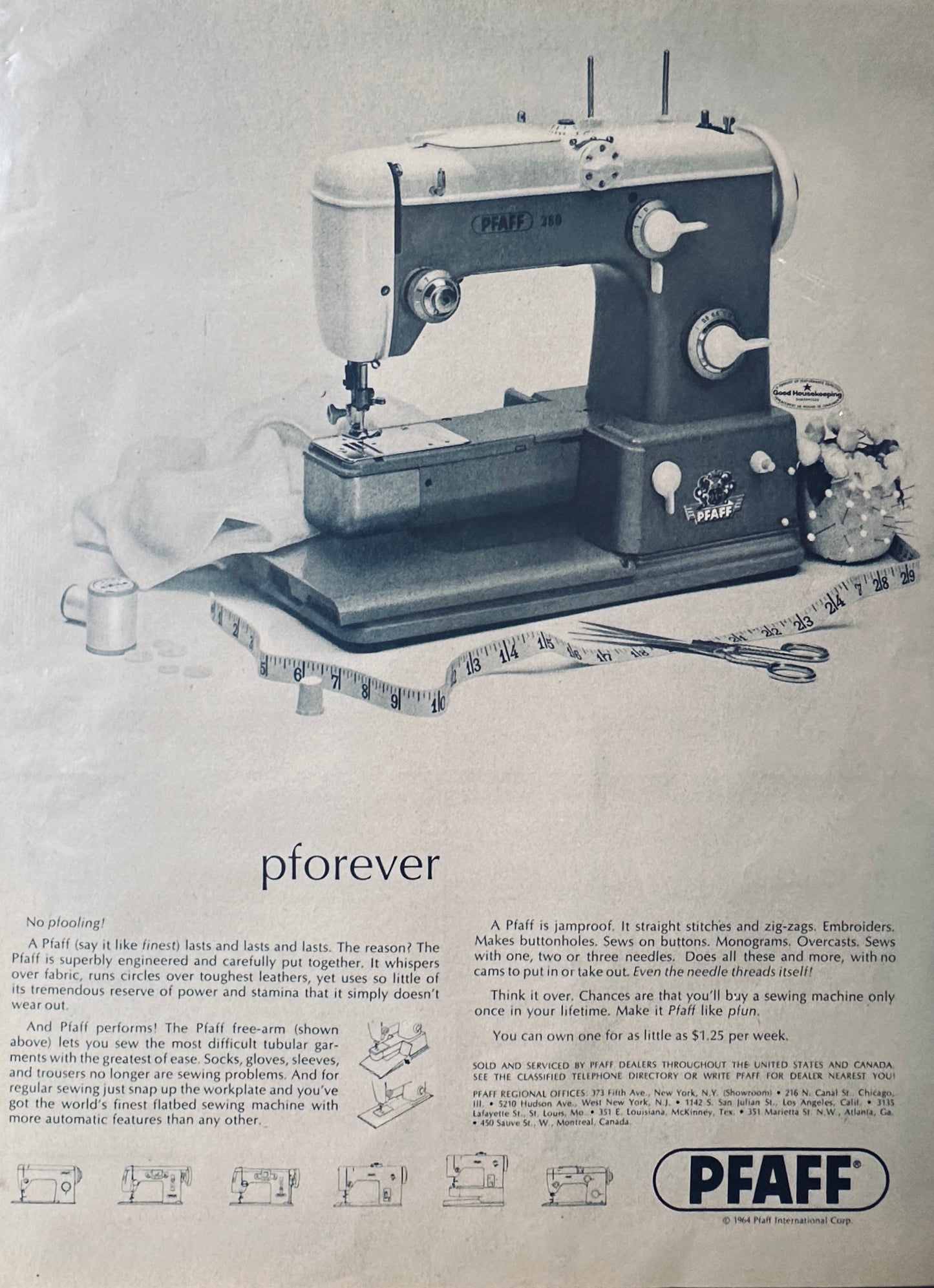 1964 PFAFF Free Arm Sewing Machine - pforever - no pfooling! Magazine ad