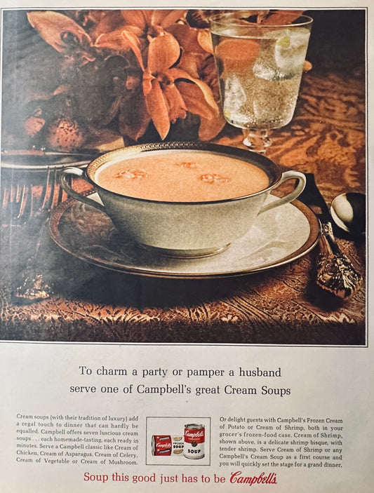 1964 Campbells Cream of Shrimp Soup - Charm a Party- Pamper A Husband - Magazine Ad