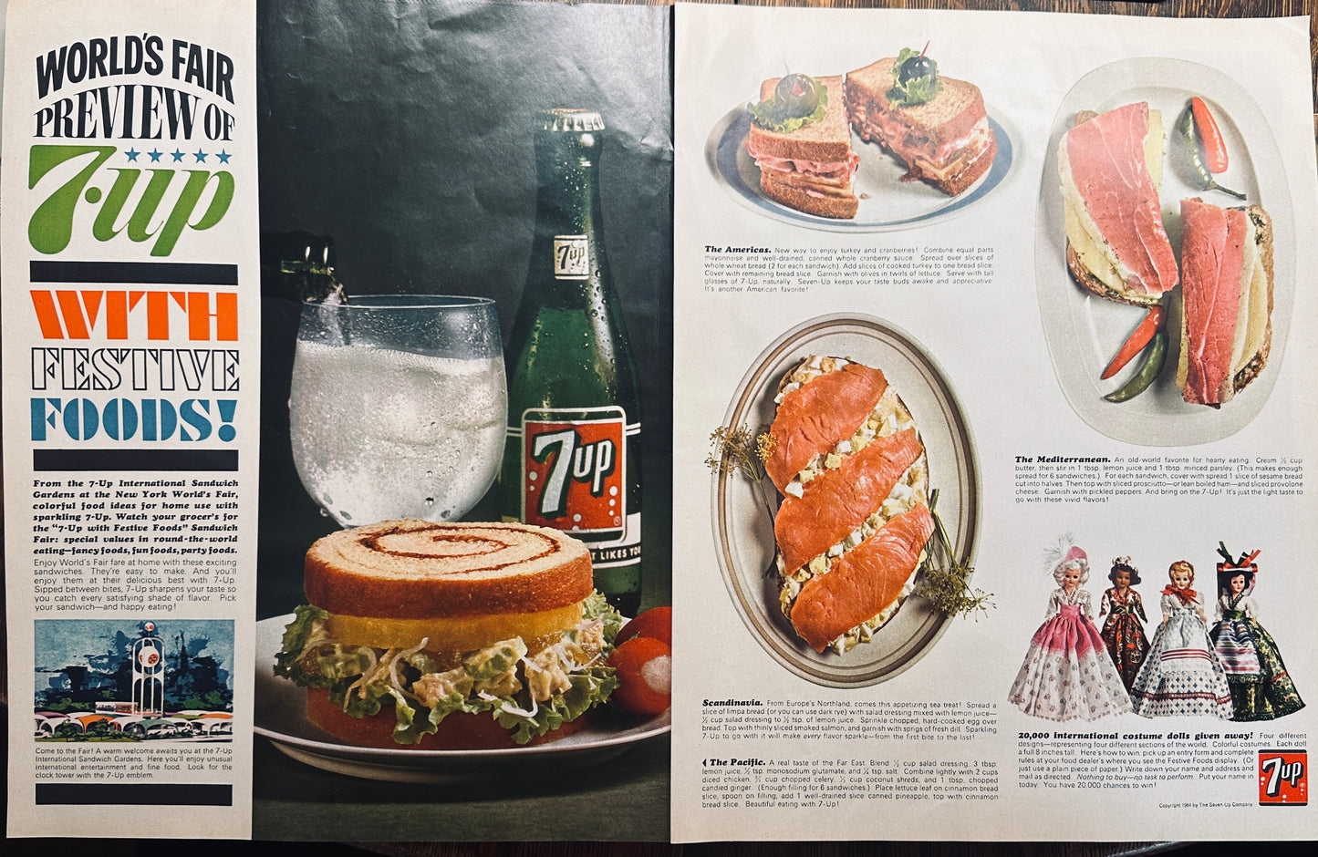 1964 7-Up Festive Foods from the 1964 New York's Worlds Fair Centerfold Ad