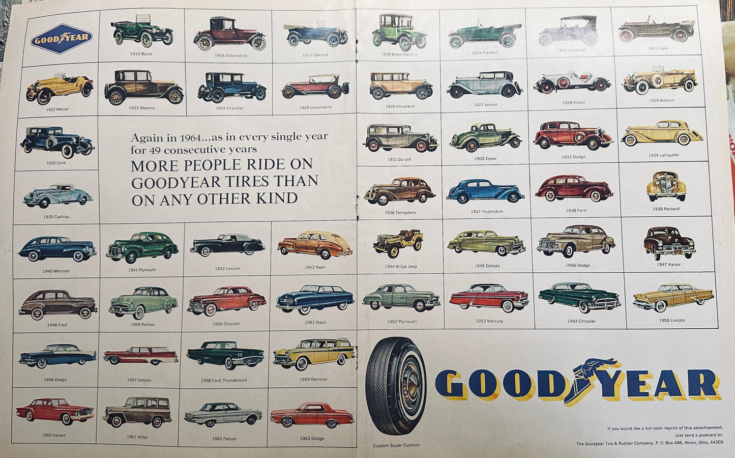 1964 - 49 Consecutive Yrs - Goodyear Tires - Different Car Each Year - Magazine Ad