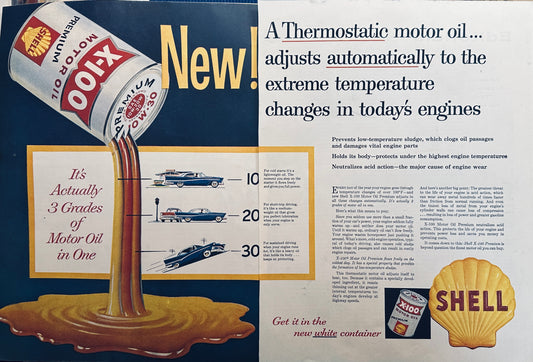 1957 Shell X-100 Motor Oil 2-Page Magazine Ad