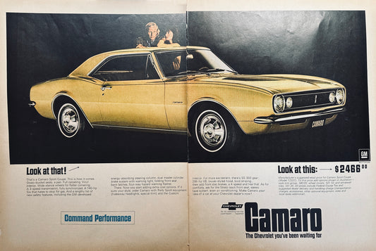 1967 Chevrolet Chevy Gold Camaro 2-Page Magazine Ad