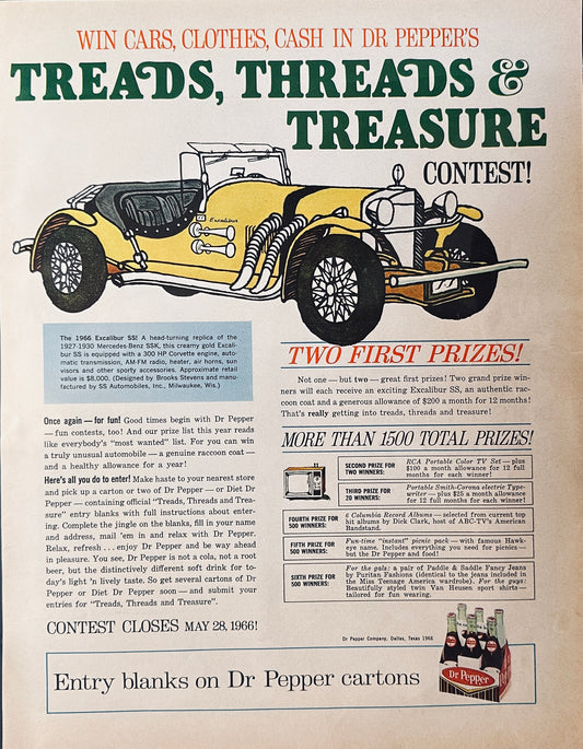 1966 Dr. Pepper Treads, Threads & Treasure Contest Promotional Ad