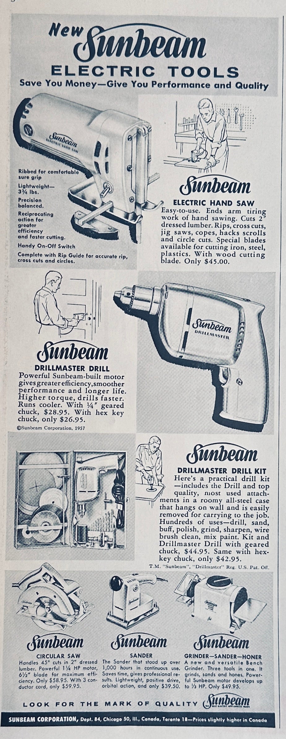 1957 Sunbeam Electric Tools & Remington Portable Typewriter Magazine Ads