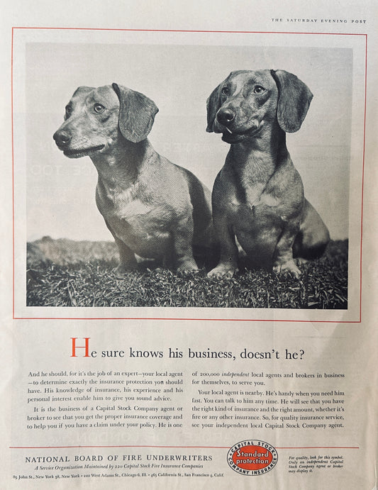 1957 Two Dachshunds Insurance Company & Yardley Aftershave Magazine Ads