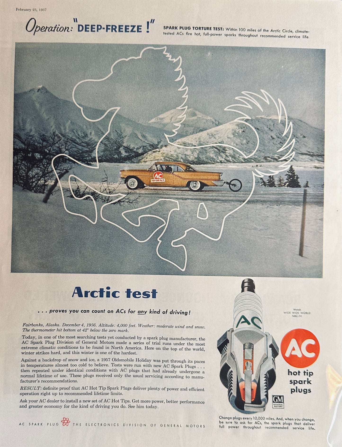 1957 AC Spark Plug Artic Test & RCA Victor Portable TV - Magazine Ads