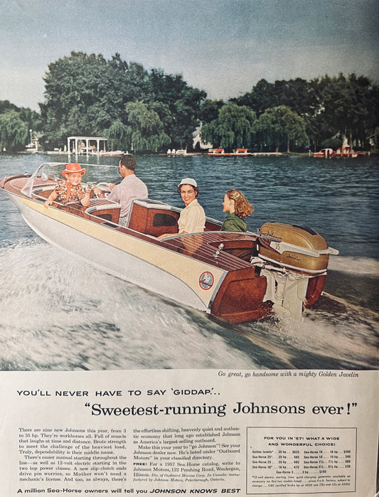 1957 Johnson Golden Javelin Outboard & Bufferin Antacid Analgesic Magazine Ads