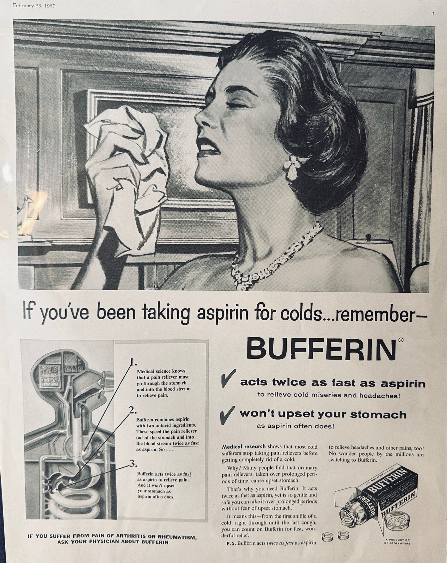 1957 Johnson Golden Javelin Outboard & Bufferin Antacid Analgesic Magazine Ads