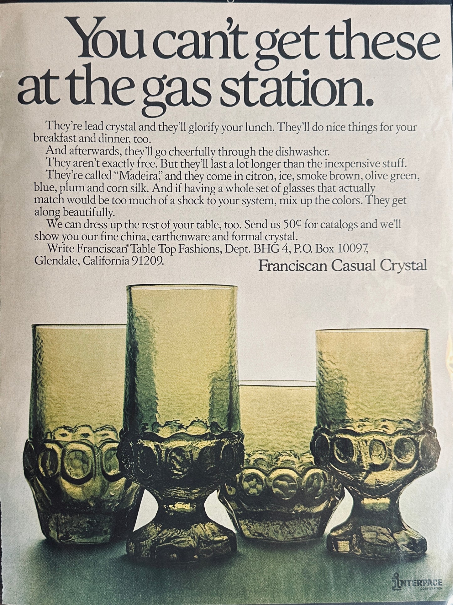 1972 Interpace Franciscan Casual Crystal Glassware Magazine Ad