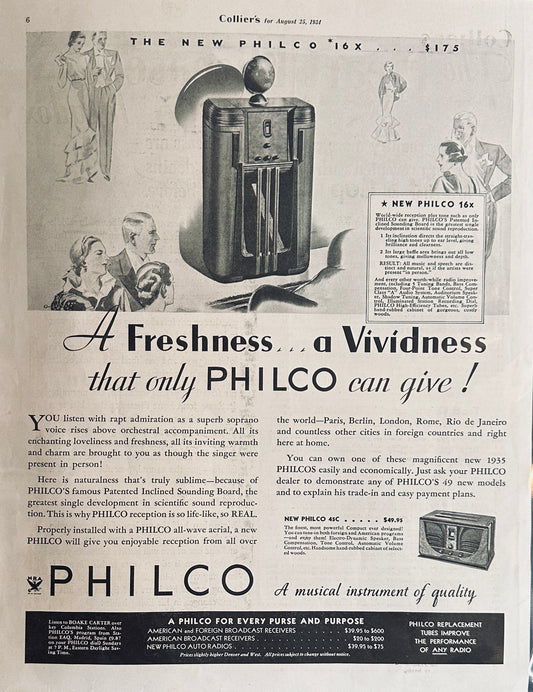 1934 Philco 16 x Radio Floor Model with Inclined Sounding Board Magazine Ad