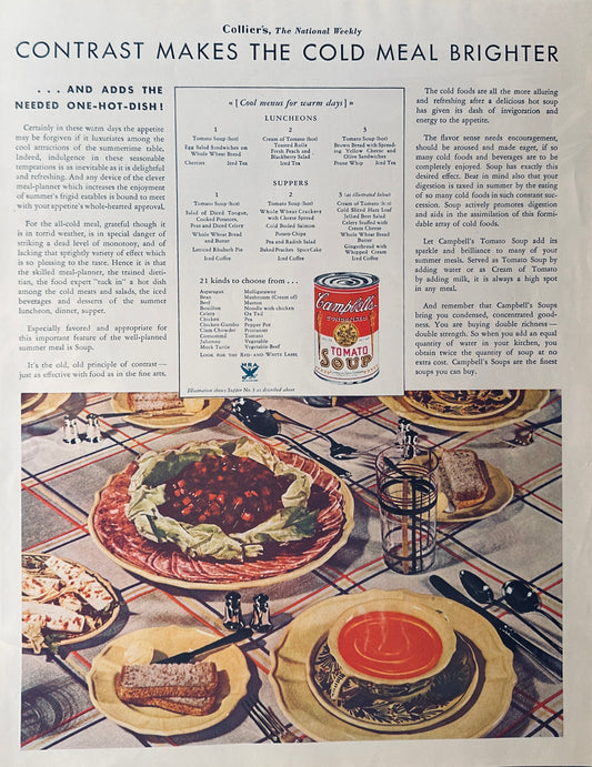 1934 Campbells Tomato Soup - Contrast Makes Cold Meal Brighter - Magazine Ad #422