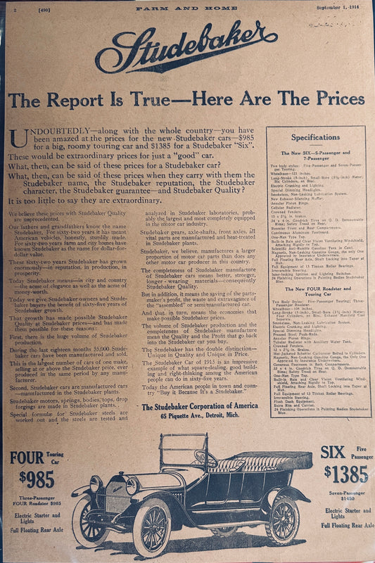 1914 Studebaker Four or Six Touring Cars Promotional Magazine Ad