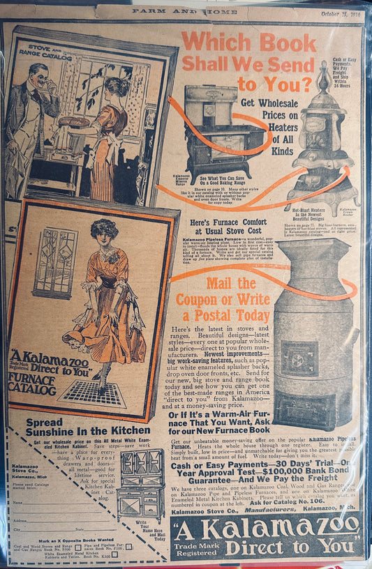 1916 Kalamazoo Pot Belly Stove, Range & Pipeless Furnace Magazine Ad