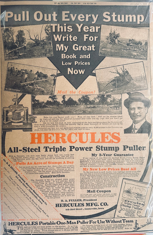 1914 Hercules Triple Power Stump Puller Promotional Ad