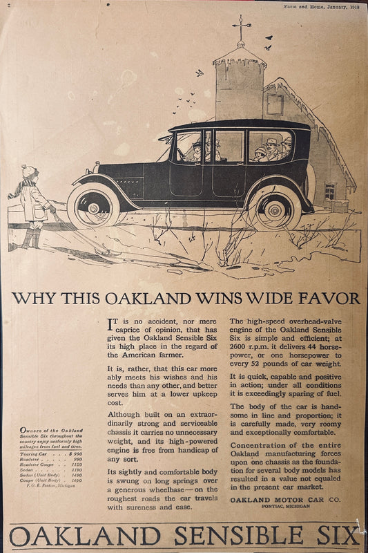 1918 Oakland Sensible Six Motorcar touring Car Sedan Magazine Ad